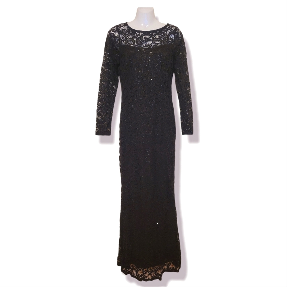 MARINA Black Lace Pattern Long Dress